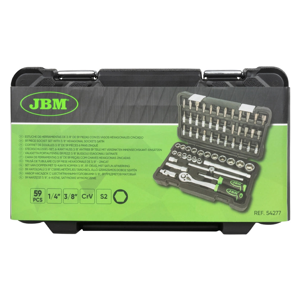 ESTUCHE DE HERRAMIENTAS DE 3/8" DE 59 PIEZAS CON VASOS HEXAGONALES CINCADO JBM 54277