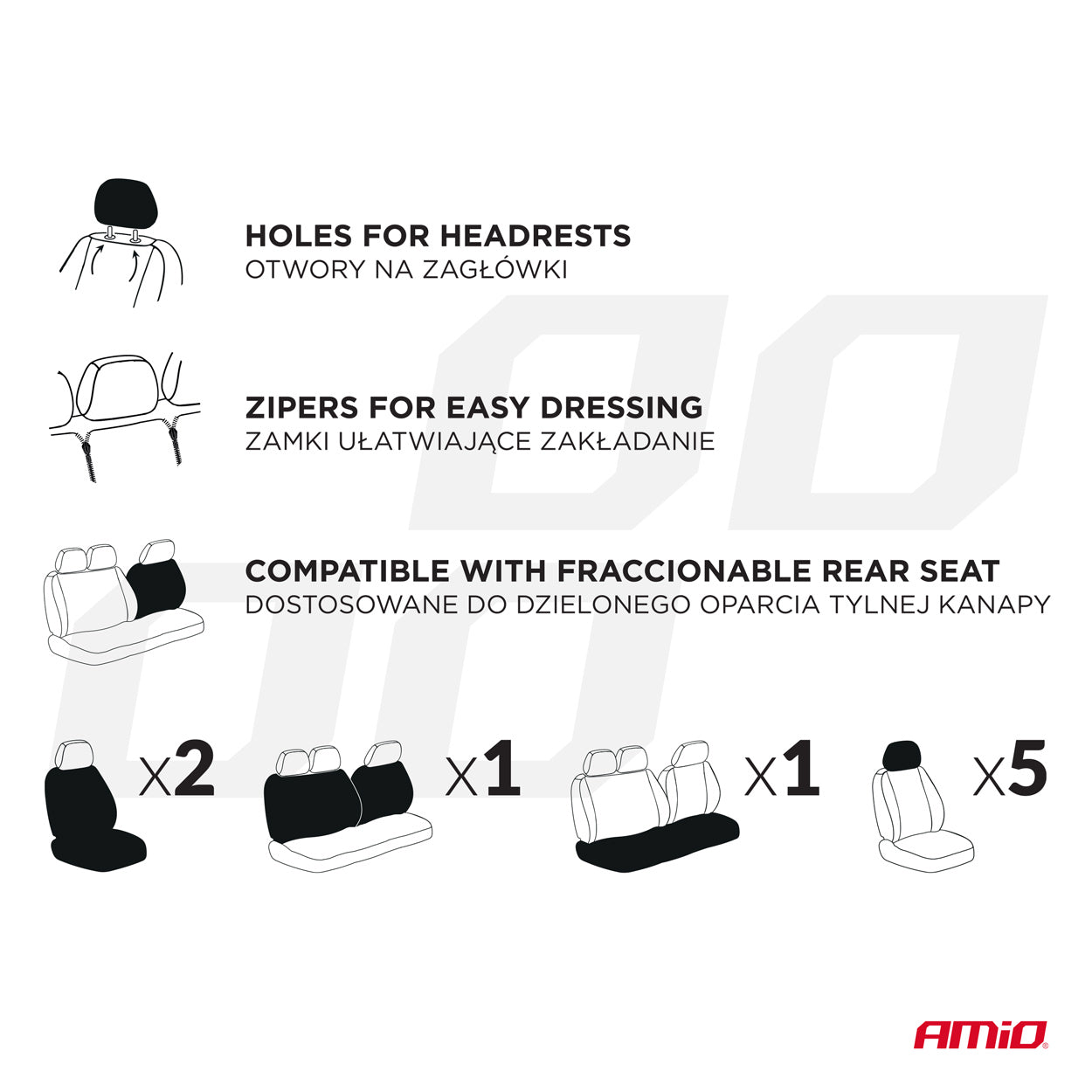 Juego de Fundas de Asiento Universales 5 plazas Negro/Gris - AMIO 04612