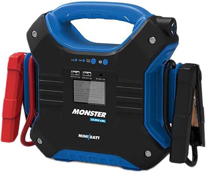 MONSTER - Miniarrancador para coches 35.000 mAh de MiniBatt- Especial para camiones, barcos, aviones... 24V. Incluye pinzas de arranque inteligentes.