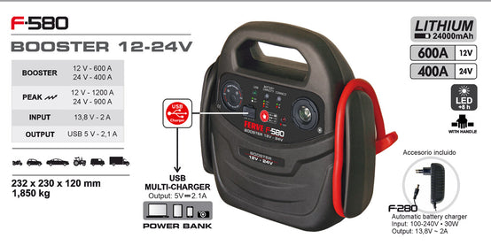 Arrancador FERVE F-580 - Booster 12 V - 24 V